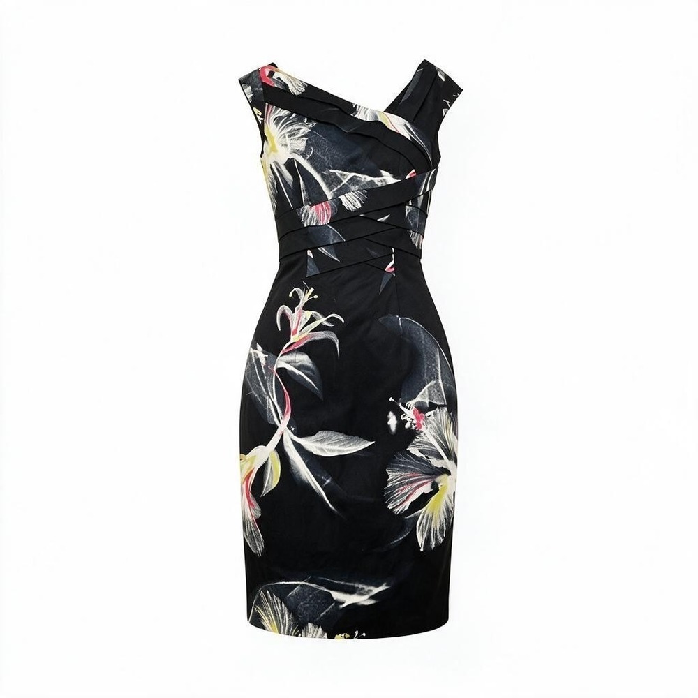 Karen Millen Size 4 Floral Sheath Dress Black Pink Asymmetric Bandage